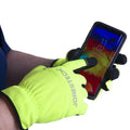Person with yellow Hi-Vis Touchscreen Safety Work Gloves using a smartphone outdoors