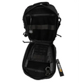 Black tactical backpack with open compartments showcasing PF-1 Armored Fast Access EDC CCW Bag interior