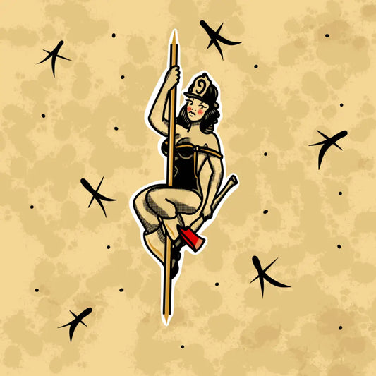 Pin-up style firefighter climbing pole in vintage tattoo art for pole sticker design