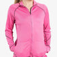 Pink women’s scrub jacket with raglan sleeves and front pockets for comfort and style