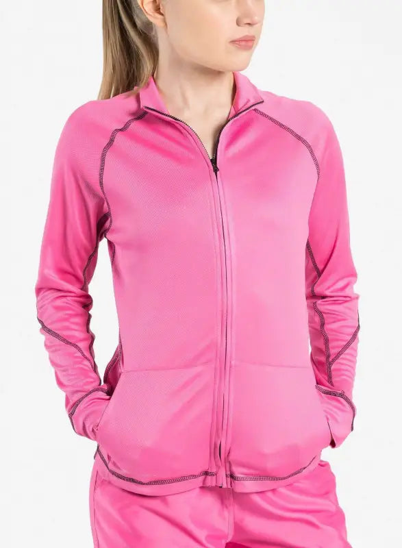 Pink women’s scrub jacket with raglan sleeves and front pockets for comfort and style