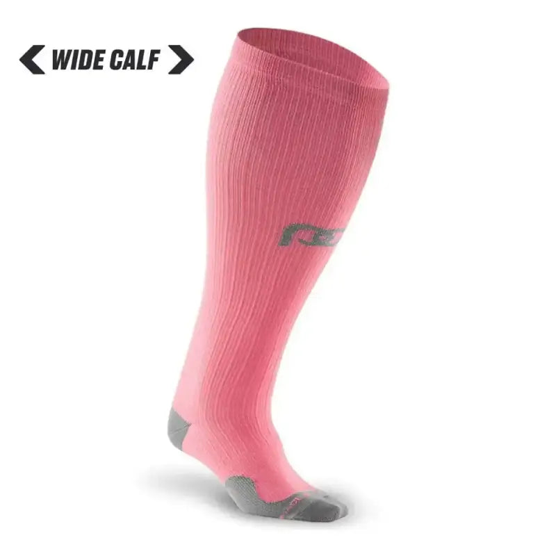 Pink compression sock with gray accents labeled wide calf for Marathon Wide-Calf support