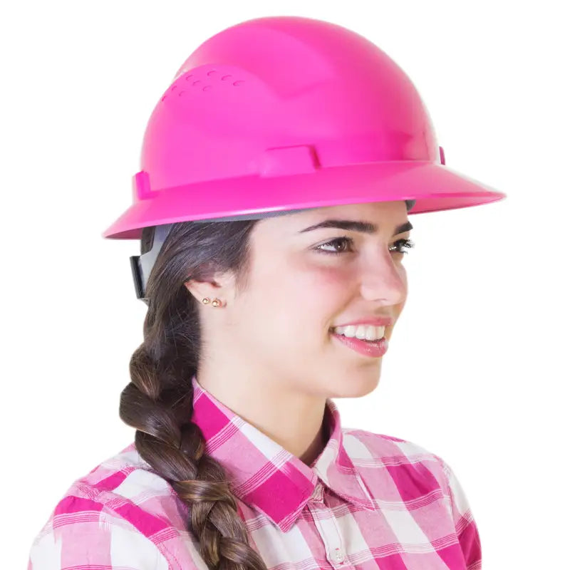 Pink Full Brim Safety Hard Hat with 4 Point Suspension meeting ANSI Z89 standards