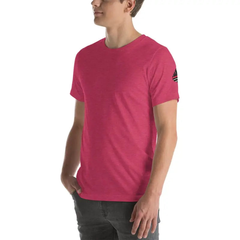 Pink crew neck t-shirt with black logo sleeve, part of Engine 19’s stylish collection