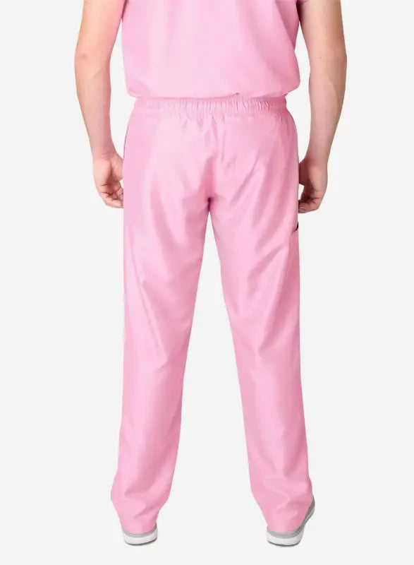 Pink elastic-waist Men’s Simple Scrub Pants with straight legs for comfort and style