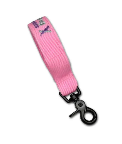 Pink fabric keychain with black metal clip for Firefighter Glove Strap convenience