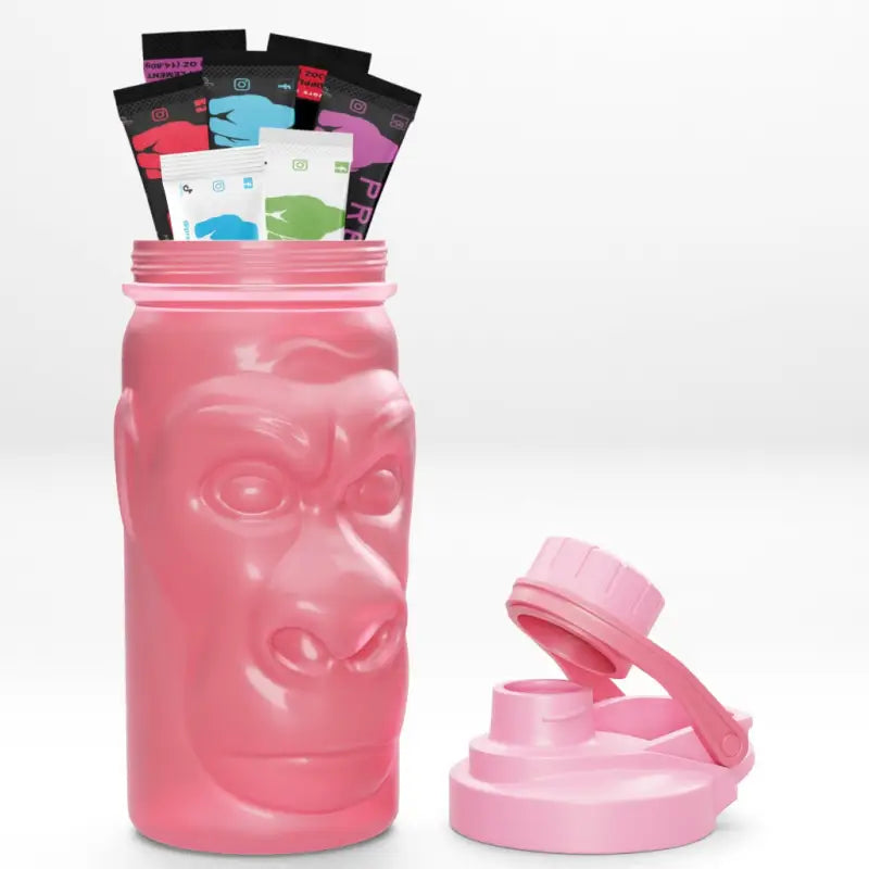 Pink gorilla-shaped water bottle with supplement packets from Harambe Shaker for first responders