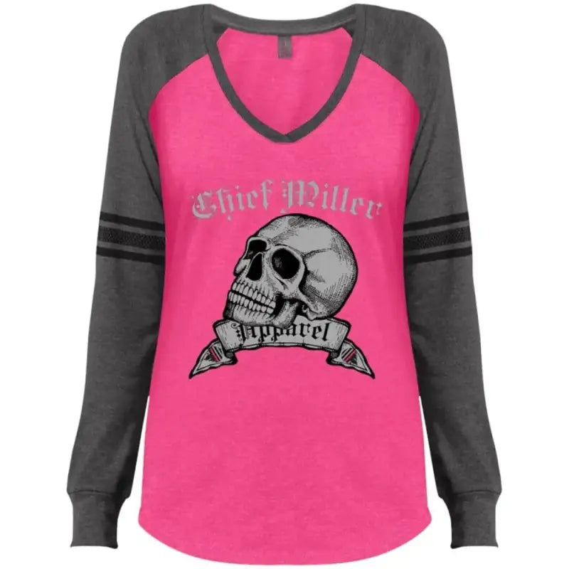 Dark Fuchsia Heathered Ladies Game LS V-Neck T-Shirt with skull design and graphic