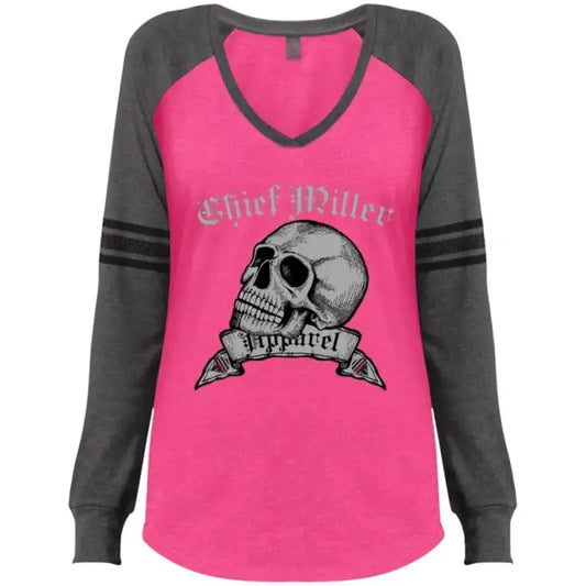 Dark Fuchsia Heathered Ladies Game LS V-Neck T-Shirt with skull design and graphic