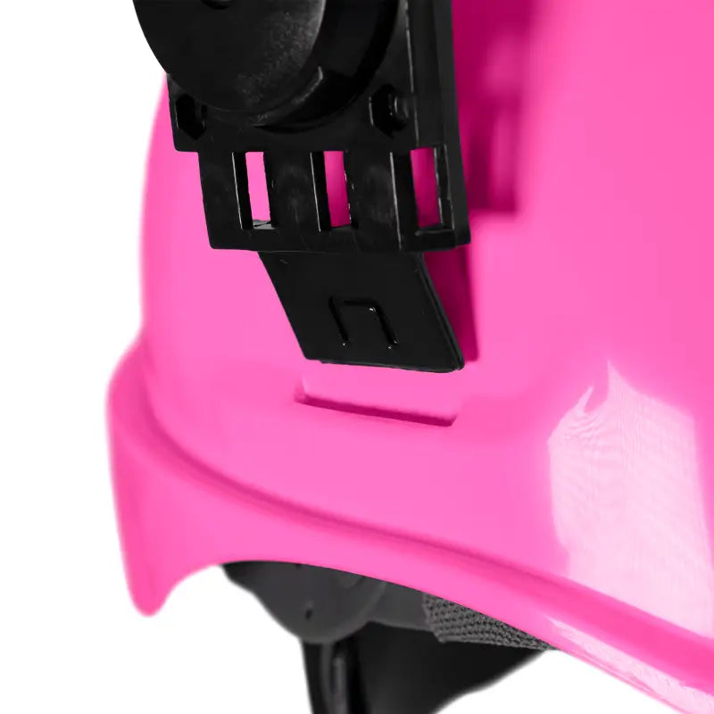 Pink cap-style hard hat kit with black earmuff attachment and hi-transparency face shield