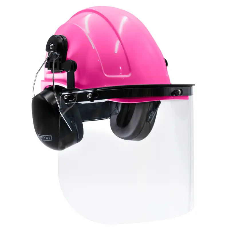 Pink cap-style hard hat kit with mountable earmuffs and hi-transparency face shield