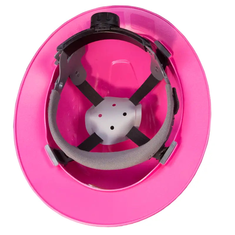 Pink interior of Full Brim Safety Hard Hat with 4 Point Suspension, meets ANSI Z89 standards