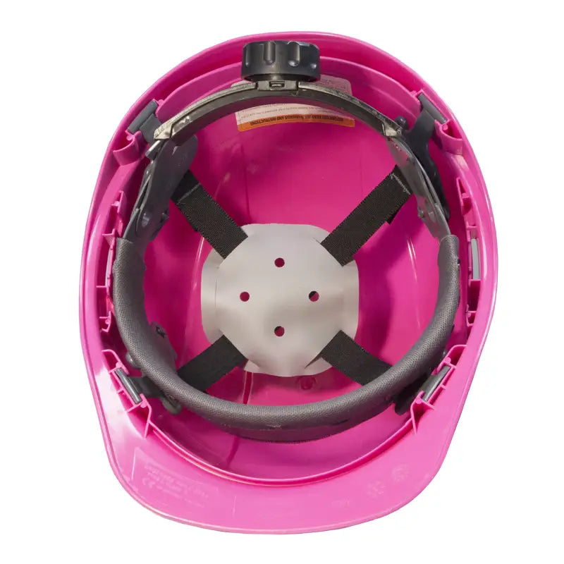 Pink hard hat interior of Cap Style Safety Hard Hat with 4 Point Suspension and brow liner