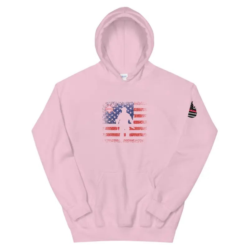 Pink Flag Firefighter Unisex Hoodie with distressed American flag and baseball player silhouette