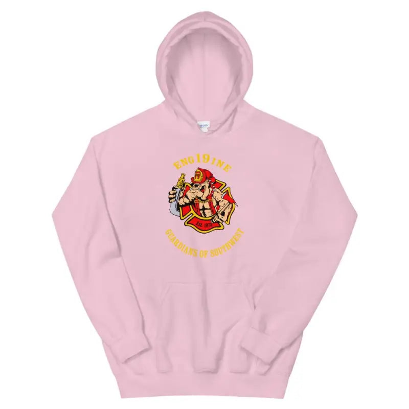 Light pink unisex hoodie with firefighter-themed cartoon graphic design from Engine 19