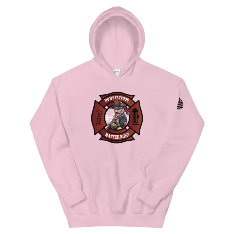 Pink unisex hoodie featuring firefighter maltese cross emblem in 3XL 4XL 5XL sizes