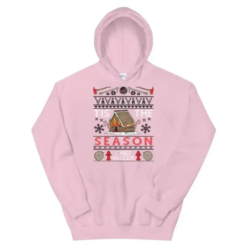 Pink Ugly Christmas Hoodie featuring a gingerbread house holiday design