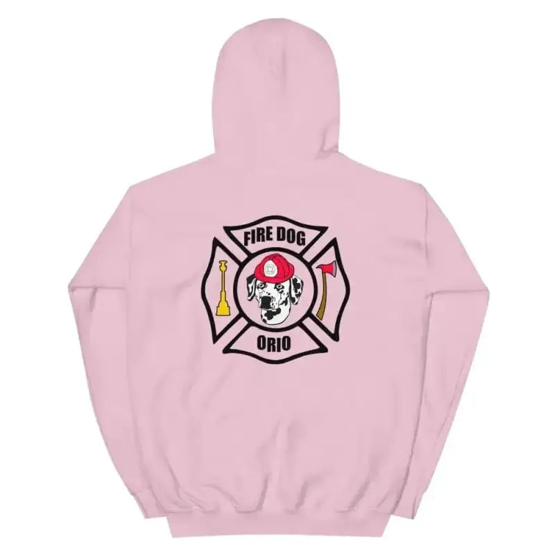 Pink dog unisex hoodie featuring a Dalmatian logo, perfect for fire department fans