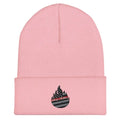 Pink knit cuffed beanie- Chief Miller featuring a black and gray flame emblem