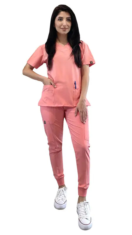 Pink Women’s 4-Way Extreme Stretch Jogger Scrubs with short sleeves and jogger pants