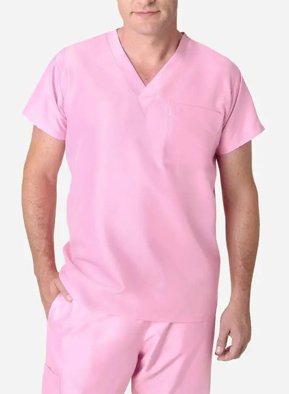 Pink V-neck men’s simple scrub top for professional medical attire