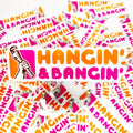 Pink and orange Hangin and Bangin sticker featuring a microphone icon for first responders