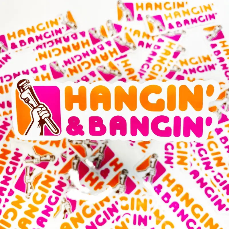 Pink and orange Hangin and Bangin sticker featuring a microphone icon for first responders