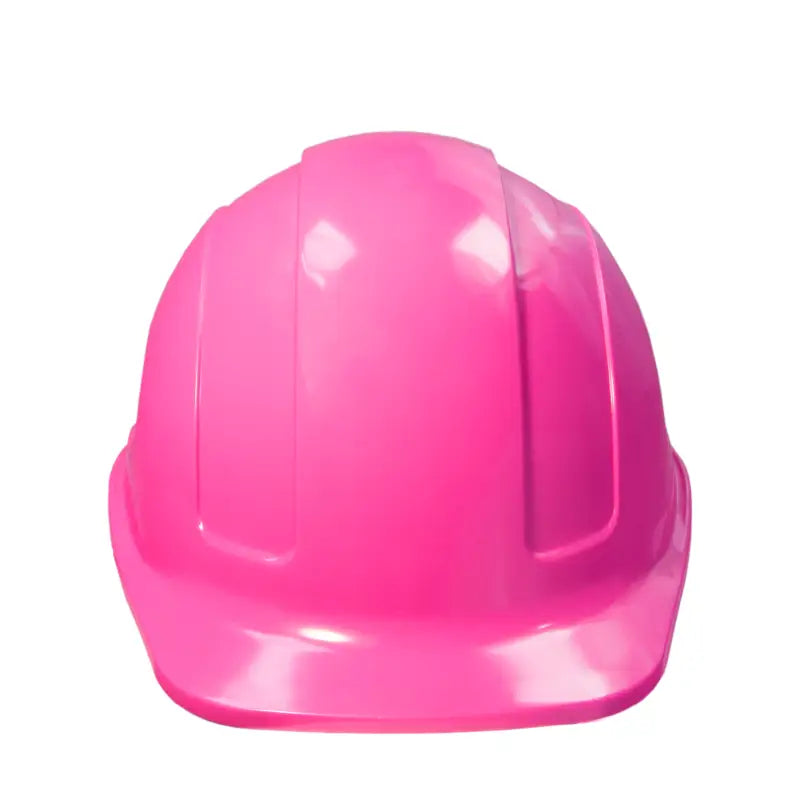 Pink plastic hard hat with 4 point suspension and brow liner for cap style safety