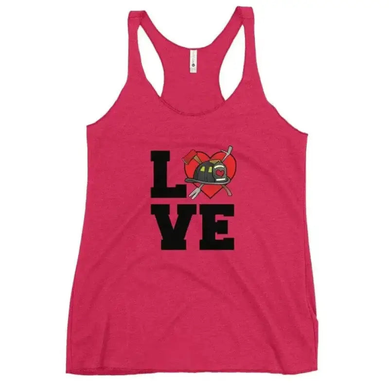 Shocking pink racerback tank top with LOVE firefighter graphic and raw edge seams