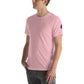 Pink short-sleeved t-shirt with dark logo, part of Engine 19 collection in Heather Prism Lilac