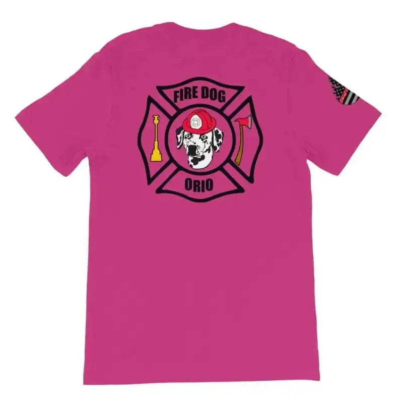 Pink dog short-sleeve t-shirt with black Maltese cross logo and Dalmatian mascot