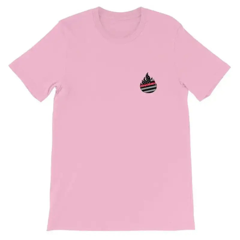 Pink Short-Sleeve Unisex T-Shirt with black flame logo, perfect in Heather Raspberry