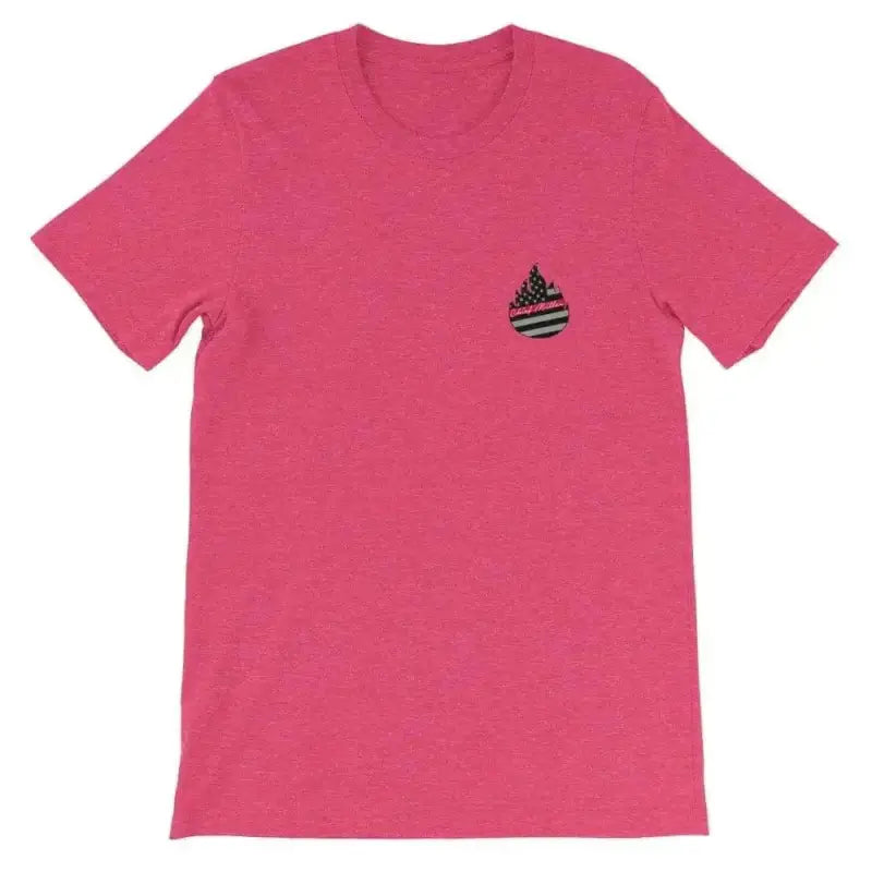 Pink Short-Sleeve Unisex T-Shirt with black flame logo on chest in Heather Raspberry