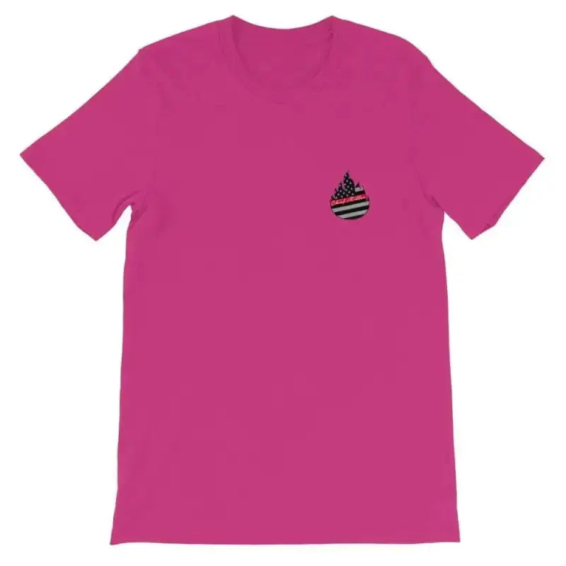 Heather raspberry short-sleeve unisex t-shirt with small black flame logo on chest