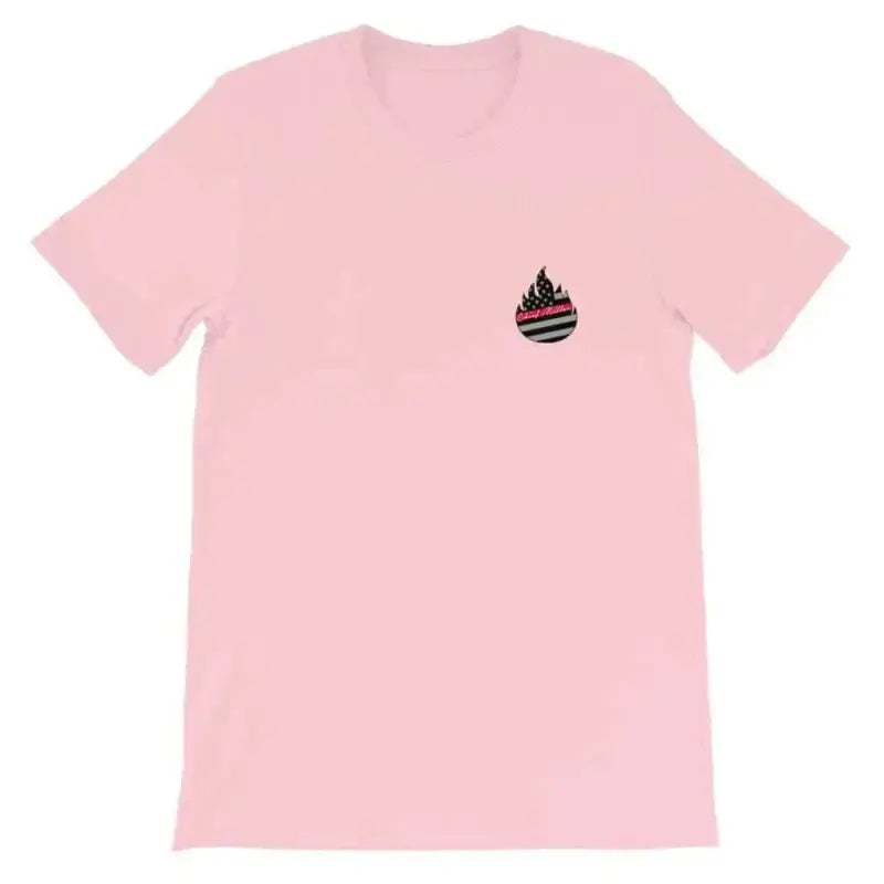 Pink Short-Sleeve Unisex T-Shirt with black flame logo, available in Heather Raspberry