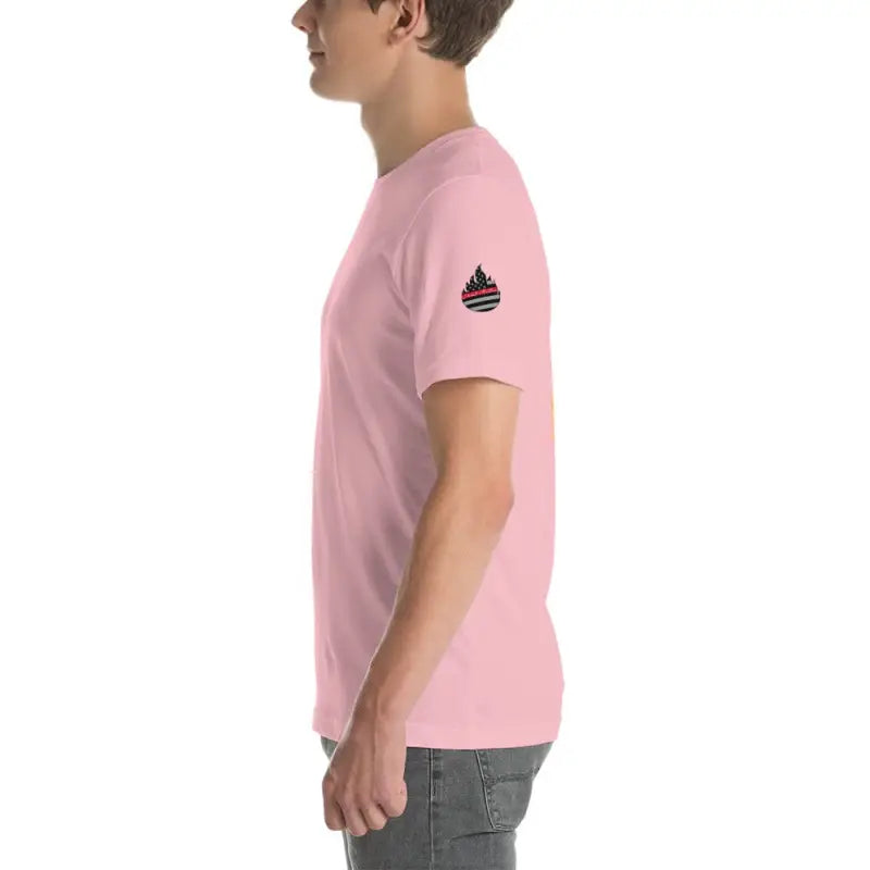 Pink Engine 19 Short-Sleeve Unisex T-Shirt with black logo on sleeve