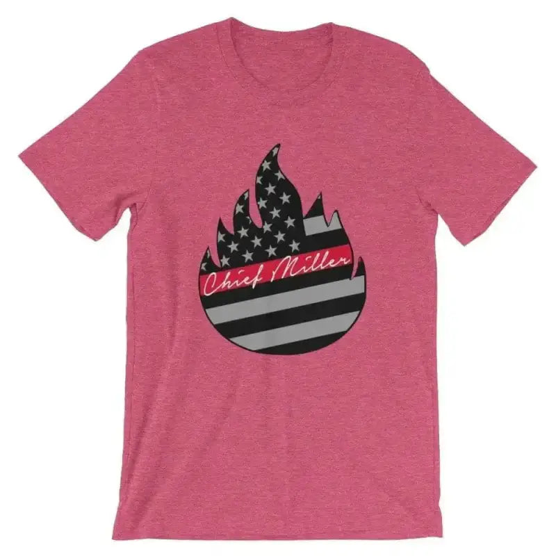 Pink t-shirt with black and white American flag flame and Chief Hustler text, Signature