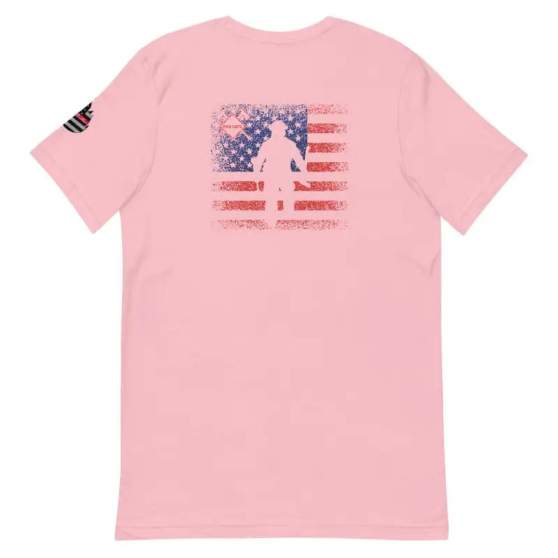 Pink t-shirt featuring distressed American flag and soldier silhouette back design