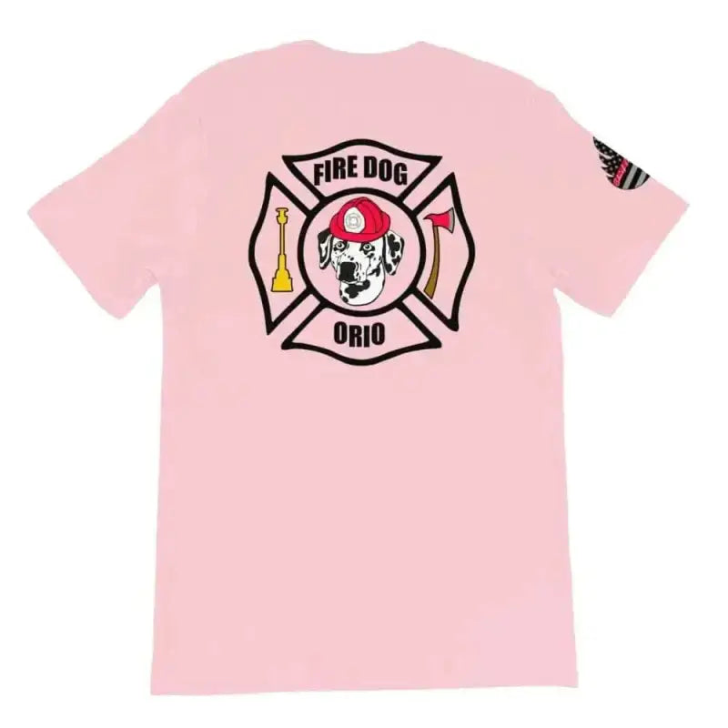 Pink dog short-sleeve t-shirt featuring Fire Dog Ohio emblem with dalmatian mascot