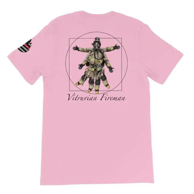 Pink t-shirt featuring Vitruvian Fireman design, short-sleeve unisex style