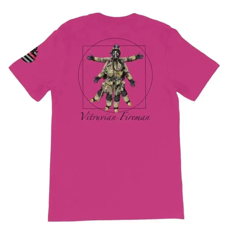 Pink T-shirt featuring a Vitruvian Fireman design in Heather Raspberry color