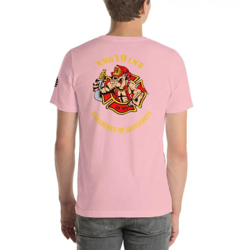 Pink Engine 19 Short-Sleeve Unisex T-Shirt with firefighter emblem design on back