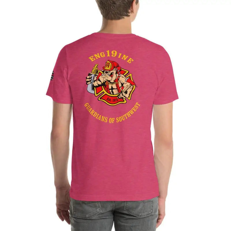 Pink t-shirt with firefighter emblem and ENG191NE text, perfect for Engine 19 fans