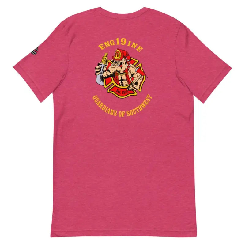 Pink t-shirt with firefighter emblem and Engine 191 text, perfect in Heather Prism Lilac