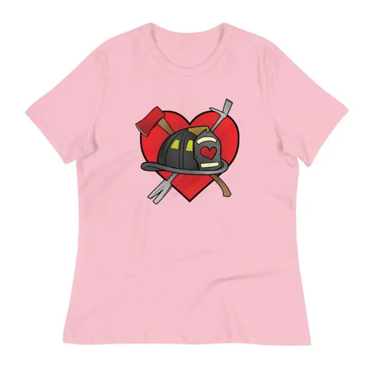 Pink t-shirt featuring firefighter helmet design in heart, available in Heather Mauve