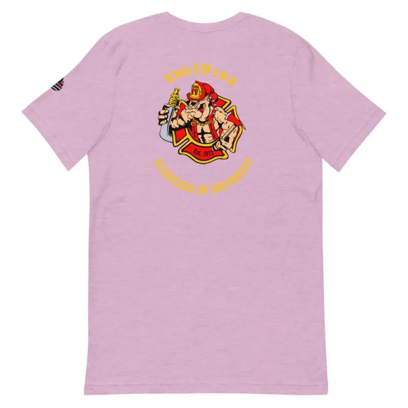 Pink Engine 19 Short-Sleeve T-Shirt featuring firefighter graphic design on back