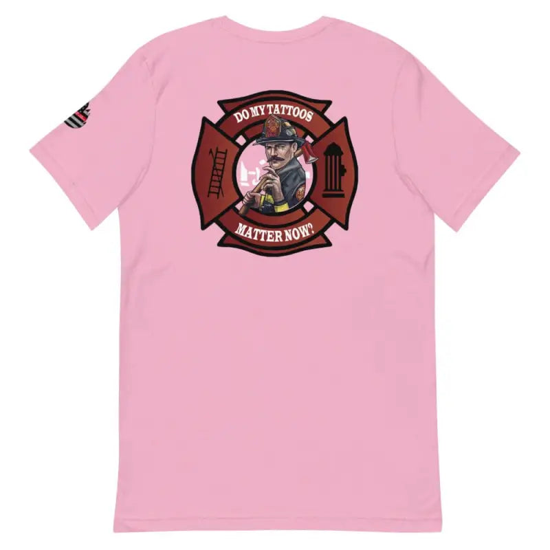 Pink t-shirt with firefighter Maltese cross logo, available in Heather Prism Dusty Blue