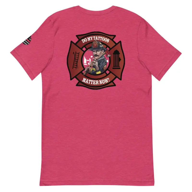 Pink t-shirt featuring firefighter Maltese cross design on back, perfect for heather midnight navy fans