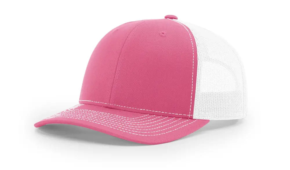 Pink and white trucker hat with leather patch for first responders firefighter themed Dumpster Fire product
