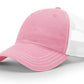 Pink and white trucker hat with leather patch for first responders and firefighter support